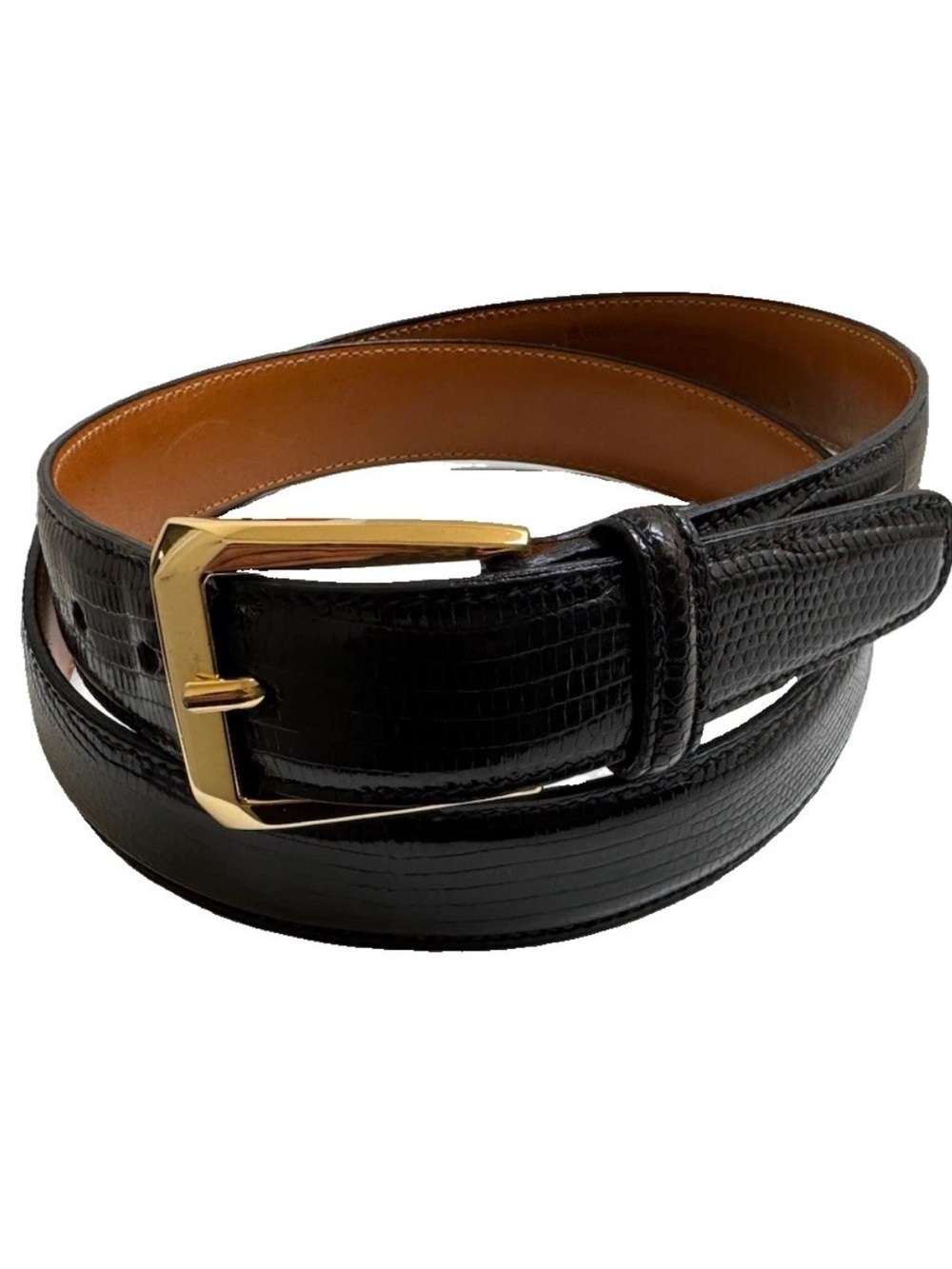 Trafalgar Premiere Java Lizard Leather Belt Mens 34 Black Gold Buckle Handmade